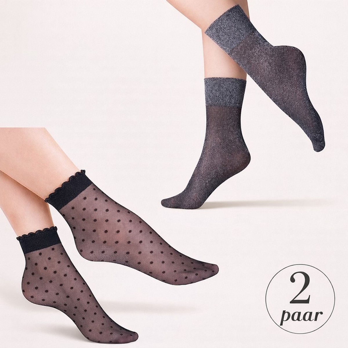 Panty sokjes Set (2 paar) – Midnight Chic Duo – 20 Denier Pantykousjes met Stippen & Glitter – Zwart – One Size – Gabriella (Puntina & Tova)
