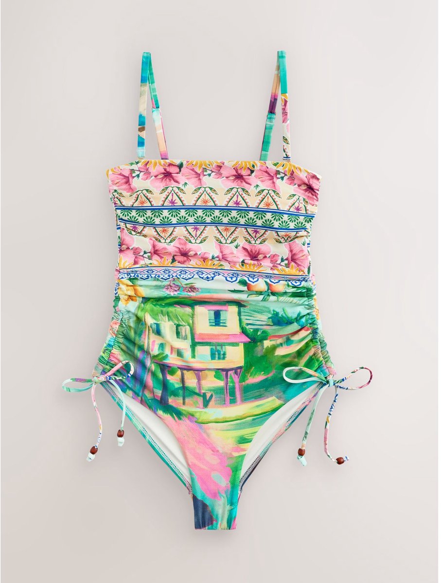 Next Dames - Vormgevend bandeaubadpak met buikcorrectie en afgeronde pijpen - Tall - Roze Pink/Blue Scenic