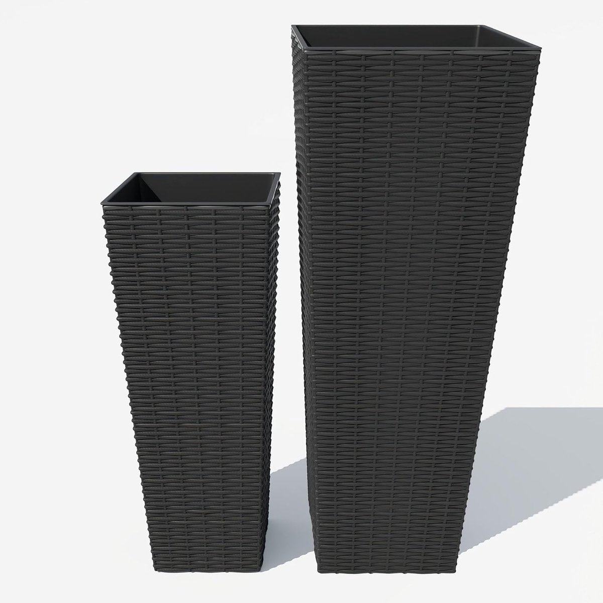 Hoge Plantenbakken Buiten en Binnen - Set van 2 - Rotan Look Bloembak met Binnenbak & Afwateringsgat - 60 cm & 82 cm - Zwart