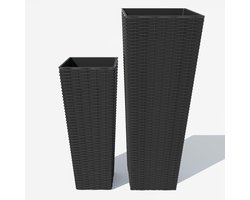Hoge Plantenbakken Buiten en Binnen - Set van 2 - Rotan Look Bloembak met Binnenbak & Afwateringsgat - 60 cm & 82 cm - Zwart