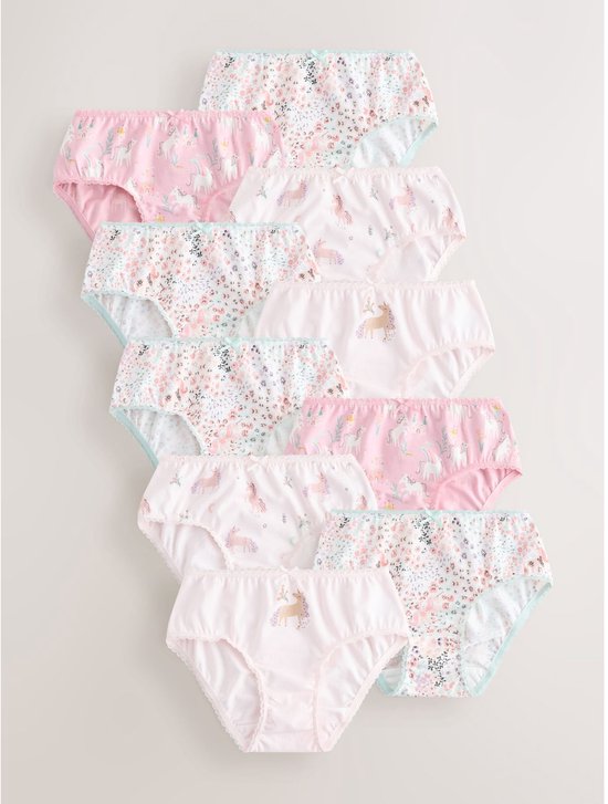 Set van 10 roze slips met unicorn-, bloemen- en stipprint, met mintgroene randjes.