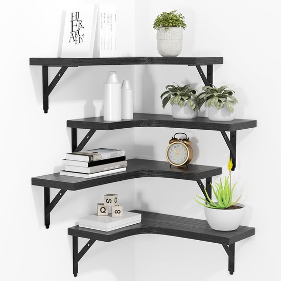 YONO Wandplank Zwevend Set - L Shape Hoekplanken - Hout - 4 Stuks - Boekenplanken - Industrieel Muurplank - Zwart