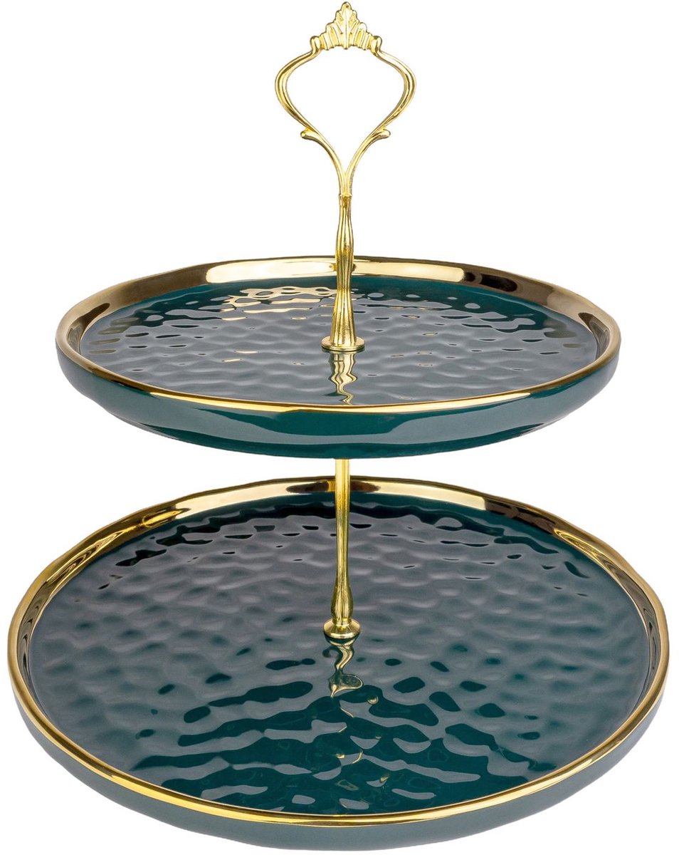 Intirilife Etagère Rond 2 verdiepingen Porselein 25,5 cm x 25,5 cm -groen/goud- Cupcake taartstandaard - Gebakstandaard - Serveerblad voor dessert, muffins, fruit, kaas