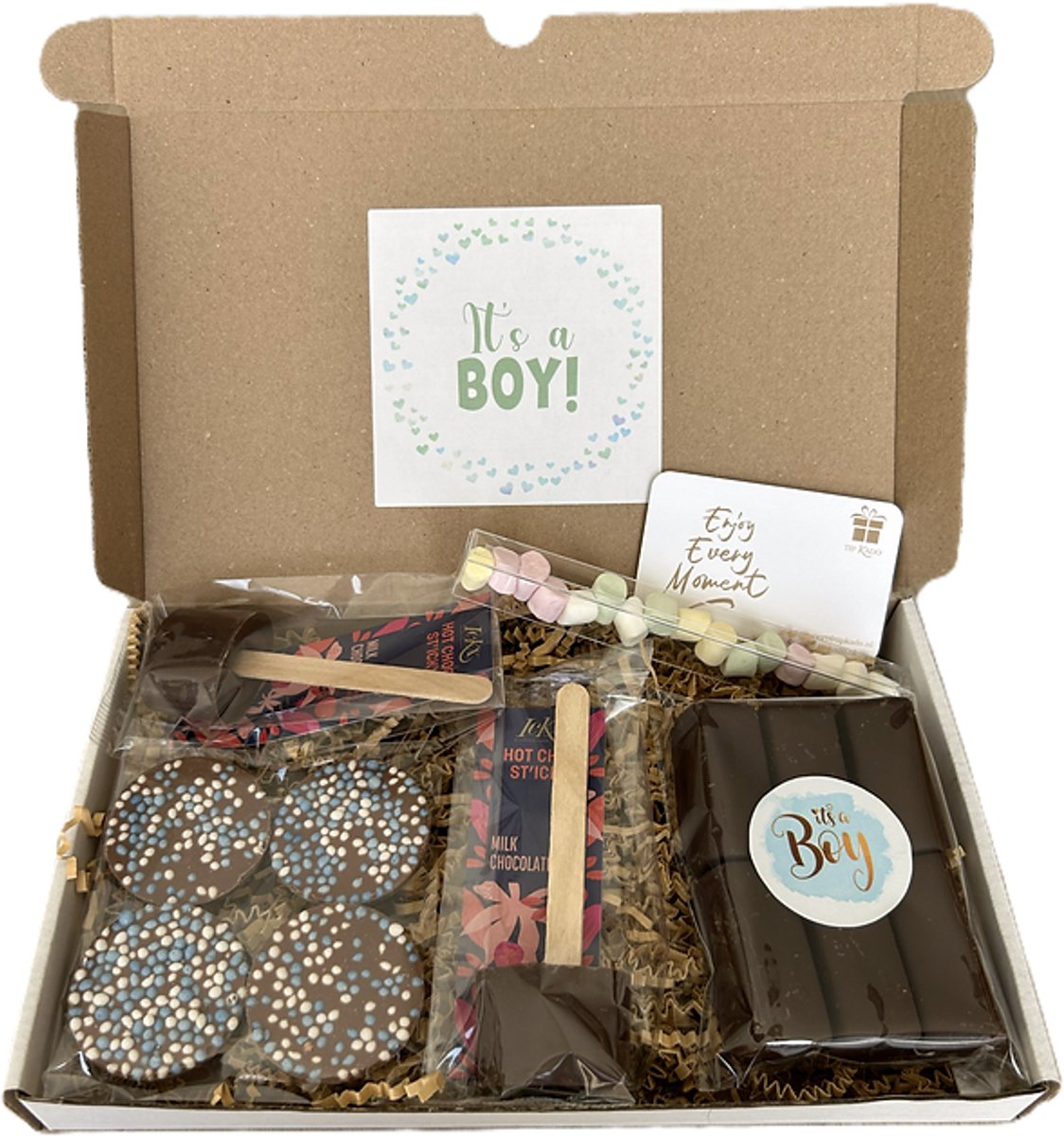 It's a boy choco brievenbus cadeau - chocoladestick - chocolade - marshmallows