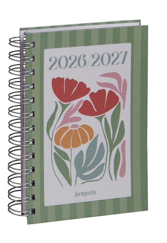 Groene agenda 2026/2027 met verticale strepen en een afbeelding van rode en oranje bloemen. Brepols.