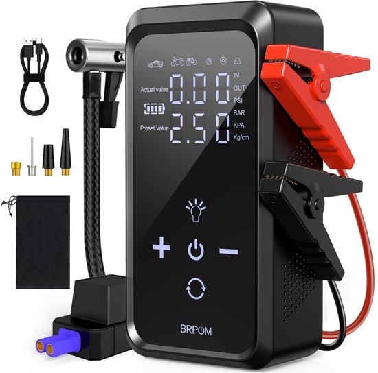 BRPOM 12V Jumpstarter - 26800 mAh - 4500A - Powerbank met Starthulp - Jumpstarter met Compressor - SOS verlichting - Powerbank - Jumpstarter voor Auto