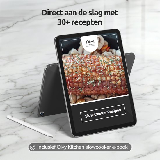 Een tablet waarop een recept voor rollade staat, met de tekst 'Slow Cooker Recipes'.