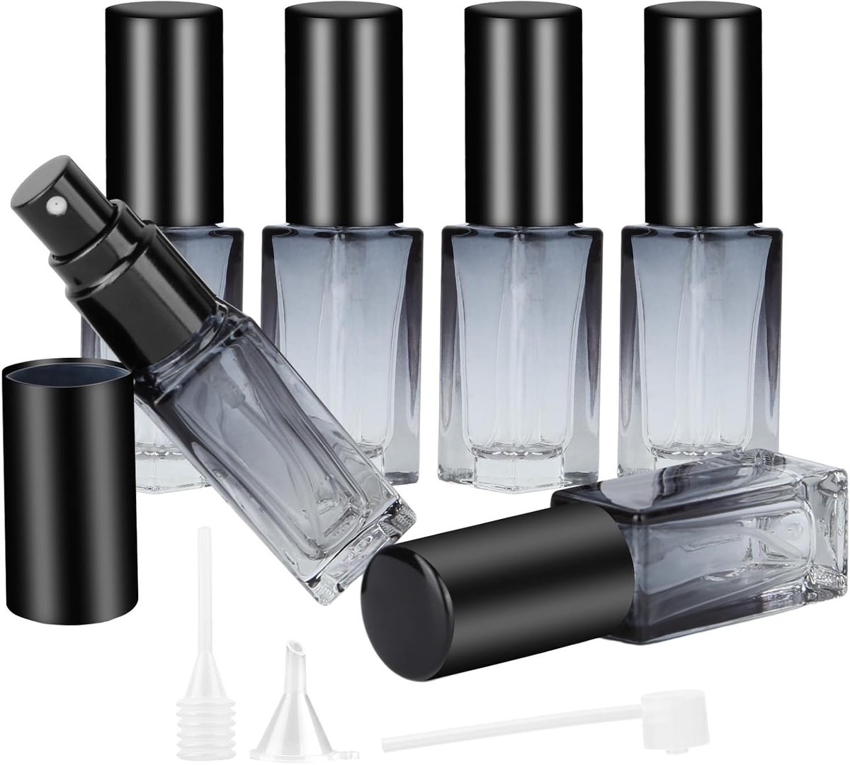 Set van 6 herbruikbare glazen parfumflacons van 5 ml met blauwe gradient, inclusief trechter en pipet voor essentiële oliën en reisgebruik