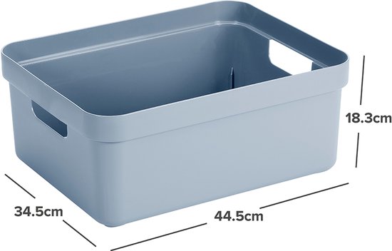 Lichtblauwe Sunware opbergbox van 24L met afmetingen 44.5x34.5x18.3 cm.