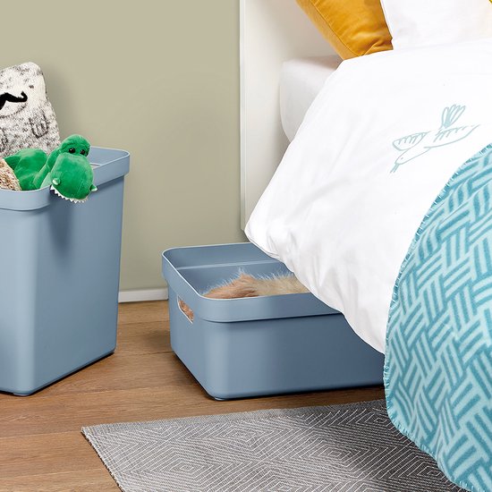 Lichtblauwe Sunware opbergboxen onder een bed en een hoge box met een groene dinosaurus.