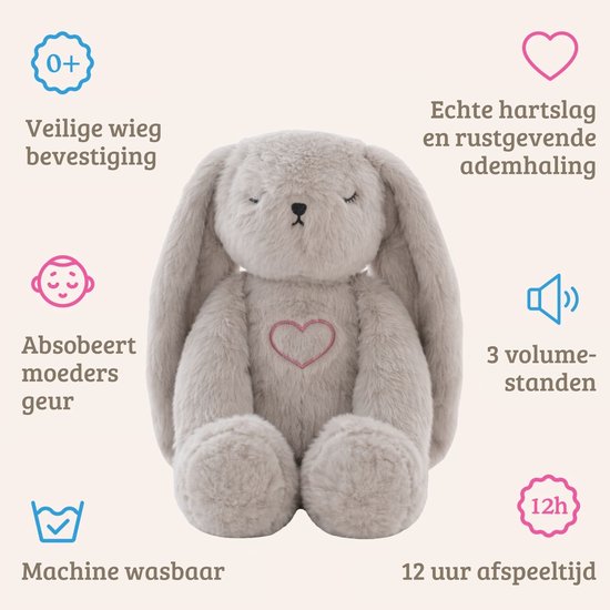 Lulla Bunny Slaapknuffel Grijs – met natuurlijke hartslag & ademhaling – Slaaphulp – Werkt tot 12 uur – Hypoallergeen & Wasbaar – Voor Baby, Prematuur & Kind van Lulla doll — afbeelding 4