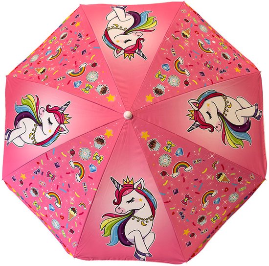 Roze parasol met eenhoorns, regenboogjes, ijsjes, snoepjes en sterren.