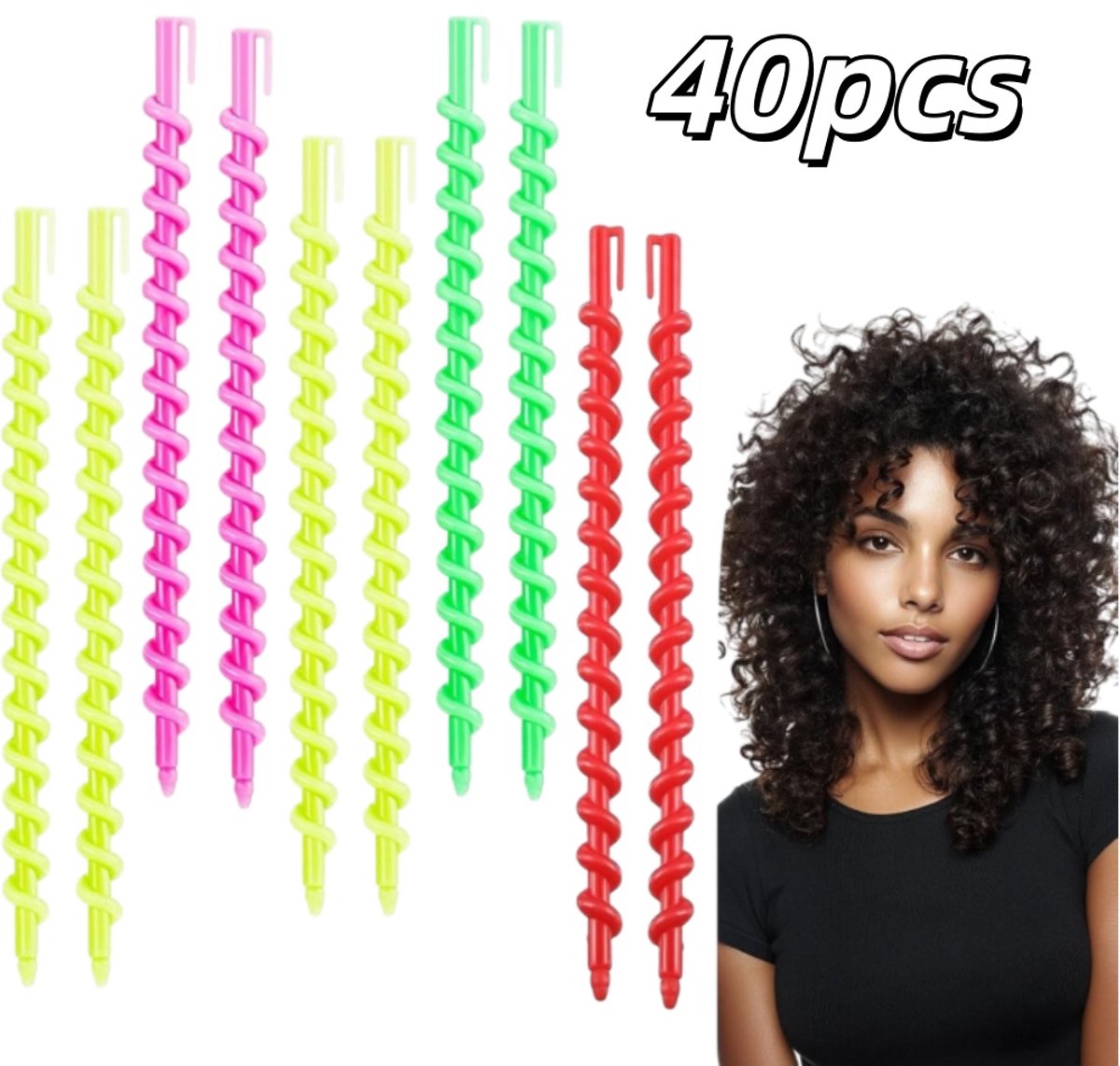 40 stuks Spiraalvormige krultang - Geen verwarming nodig, geschikt voor lang en kort haar - Natuurlijk krullend stylinghulpmiddel - Krulset voor kappers - 18*0,6 cm - Voor dameshaarstyling - Groen, geel, roze, rood