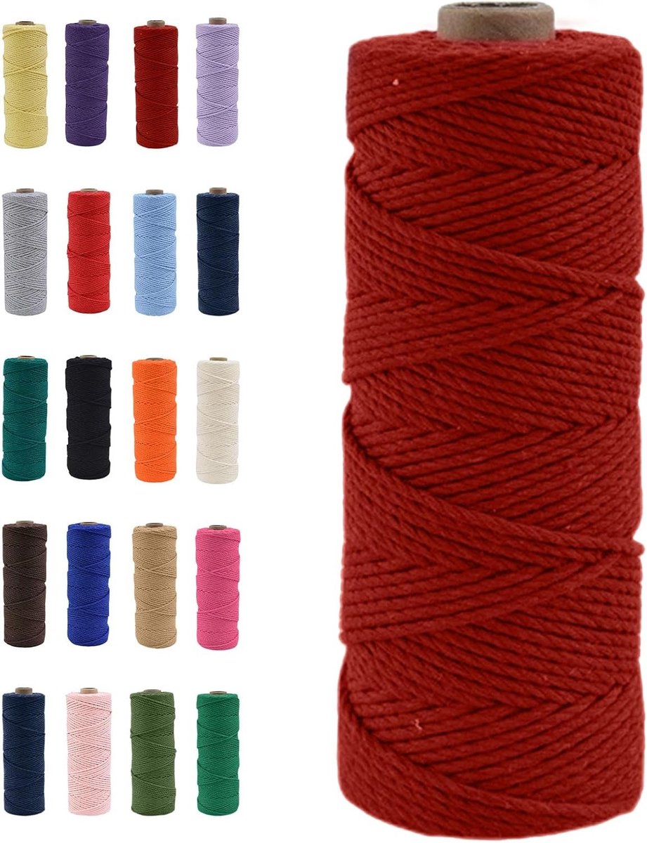 Natuurlijke Katoenen Macramé Touw van 100m in Wijnrood voor DIY Creaties, Macramé Projecten en Cadeaus