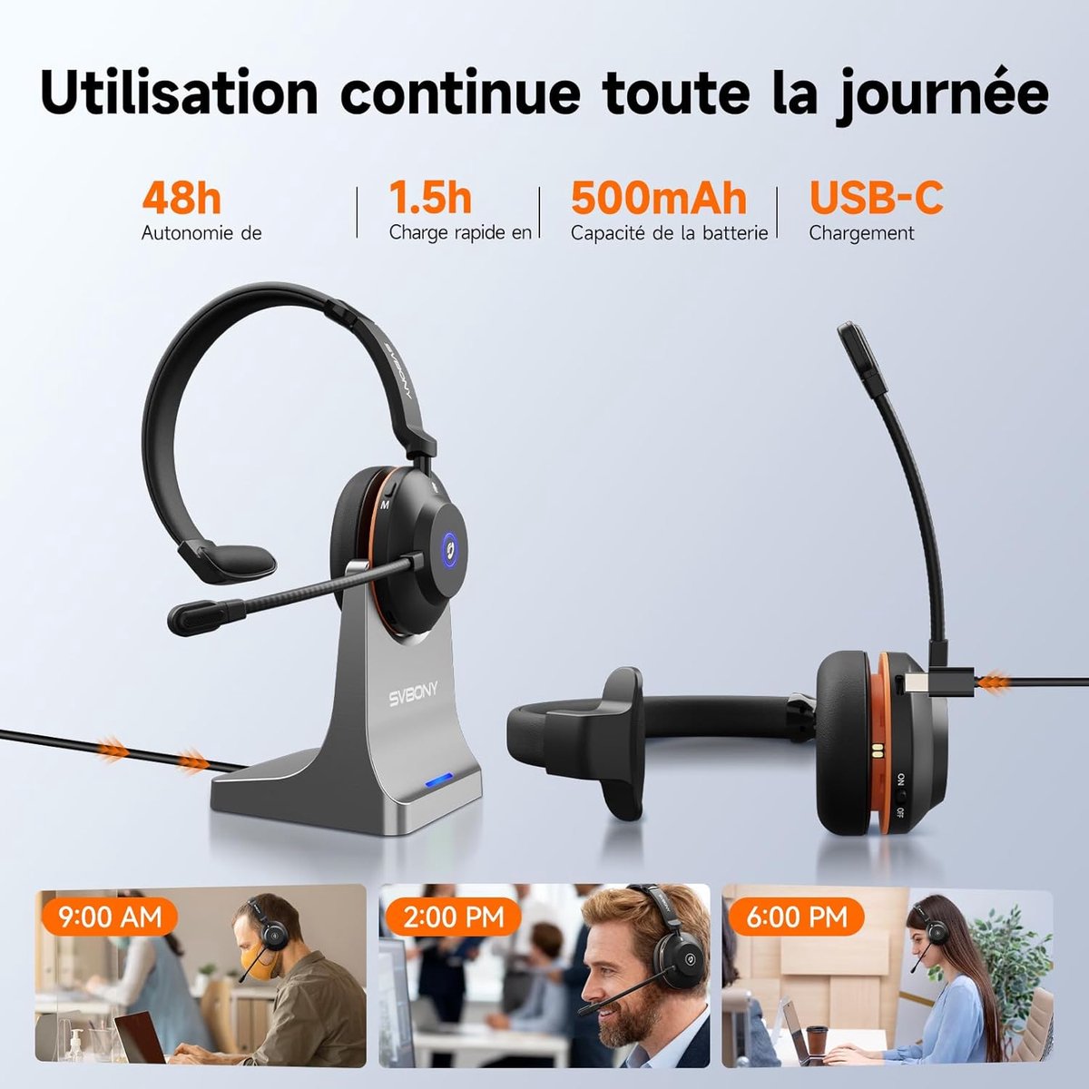 Draadloze Headset - Kantoor Headset Vergader Headset - Thuiswerken en Bellen - ENC Ruisonderdrukking - 48 Uur Batterij - Zilvergrijs thumbnail 3