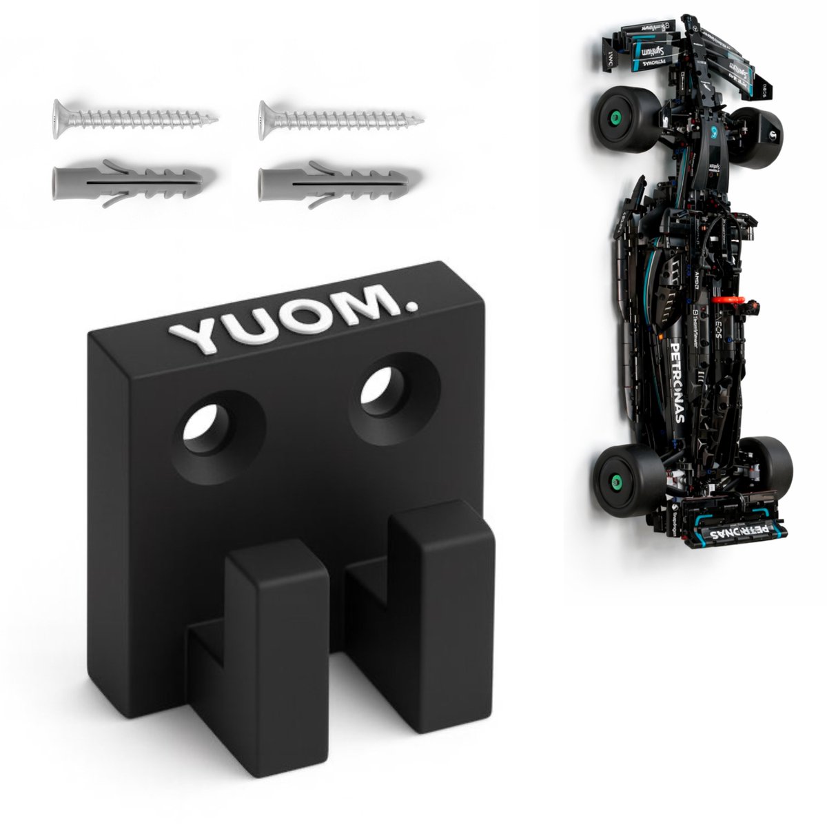 YUOM. Wandhouder geschikt voor LEGO Technic 42171 Mercedes F1 Auto – Wall Mount – incl. schroeven & pluggen – Zwart