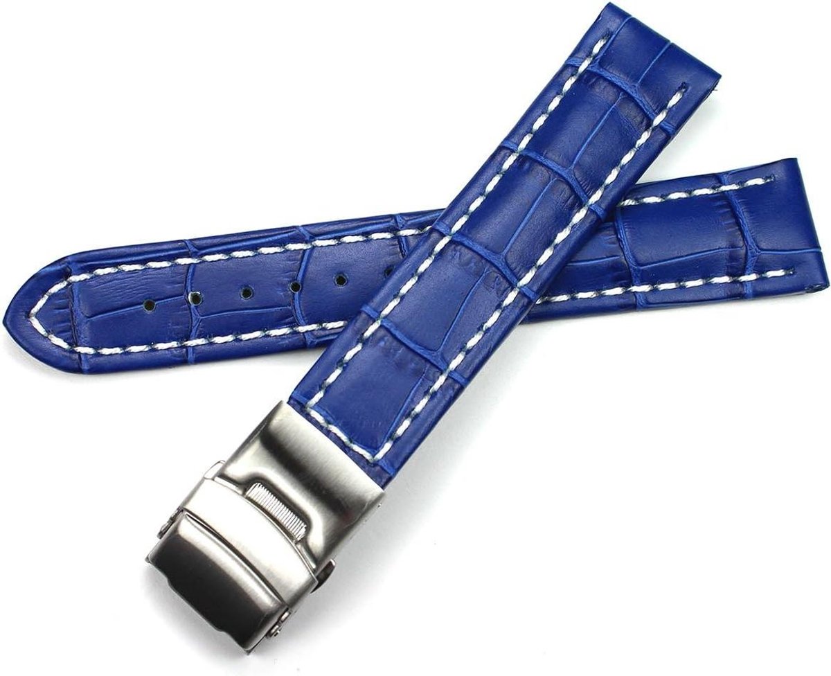 Horlogeband Leer - Bandje Metaal - Horloge Vervangen - Vouwsluiting - 20 mm - Blauw