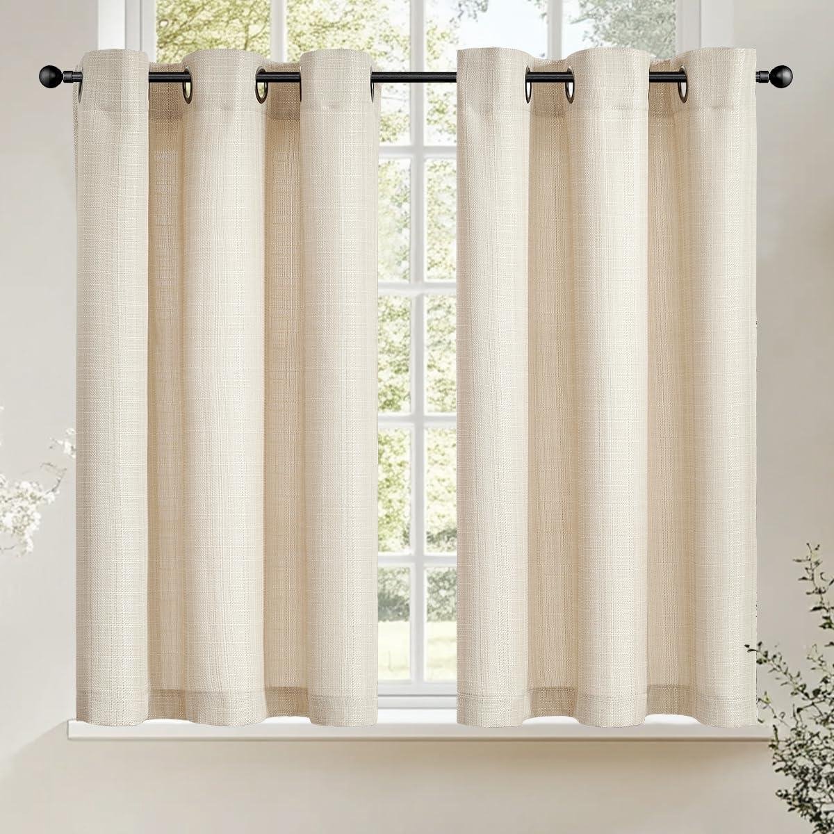 Vitrage Keukengordijnen - Bistrogordijn Cafégordijn - Keuken Decoratie - Linnenlook Stof - 90 x 95 cm - Beige
