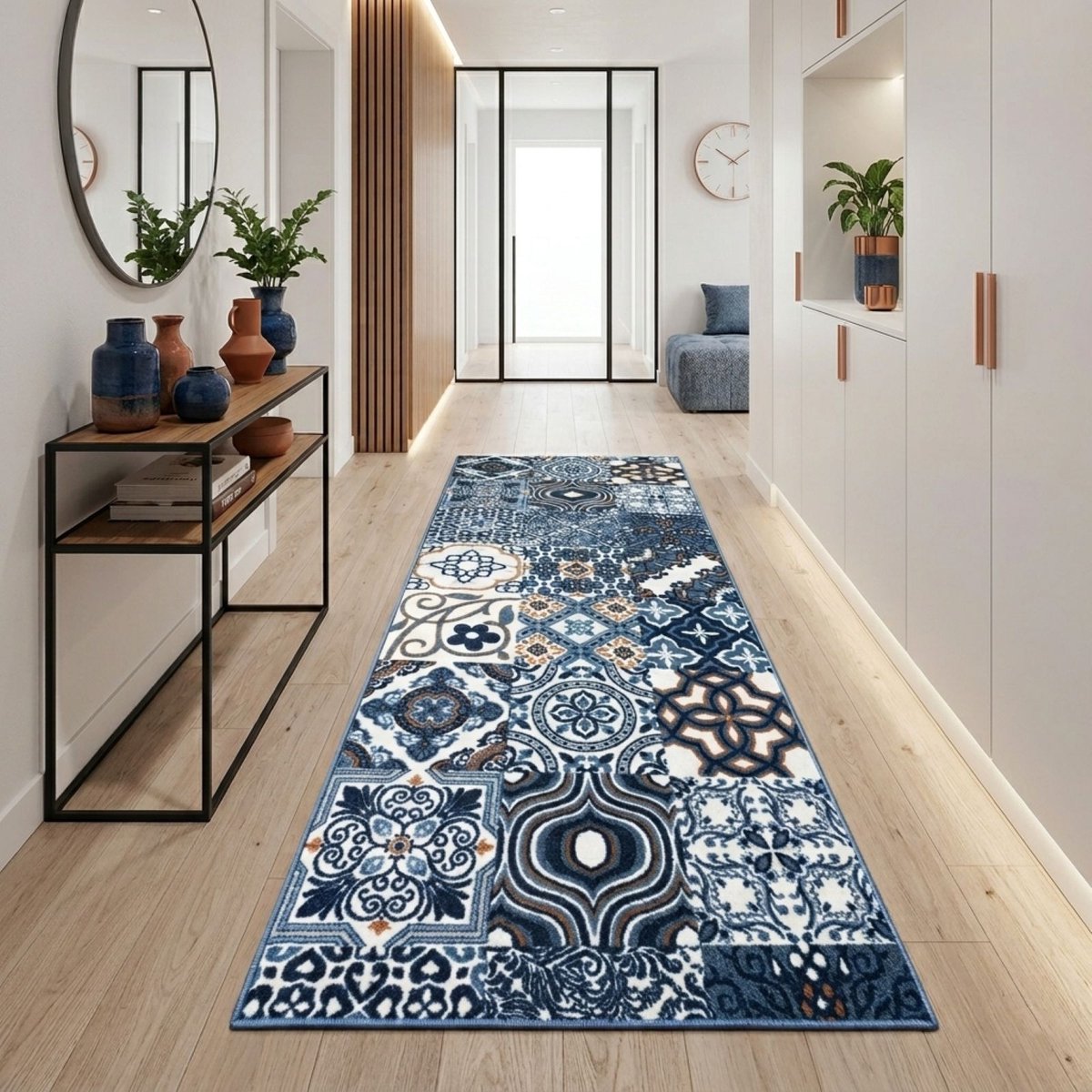 FLOORDIREKT Tapijtloper Newport - Met Patroon - Op Maat gemaakte Fijne Lus Tapijtloper Voor Keuken, Hal & Woonkamer - 80 x 500 cm