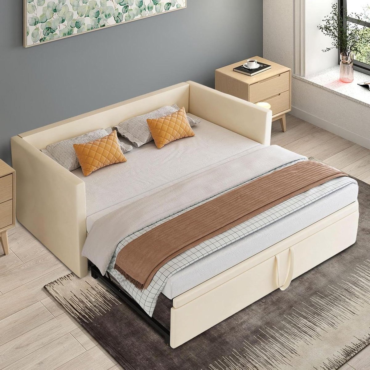 Slaapbank Tweepersoons - Bankbed Inklapbaar - Ruimte Besparen - Met Houten Lattenbodem - 213 x 99 x 74 cm - Beige