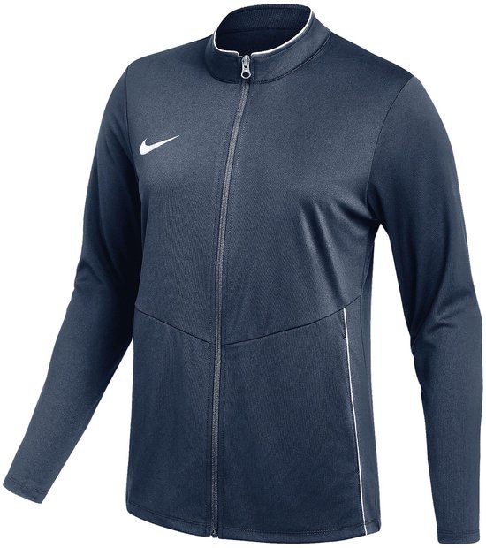 Donkerblauwe Nike sweater met witte rits en witte bies langs de zijkanten. Nike logo op de linkerborst.
