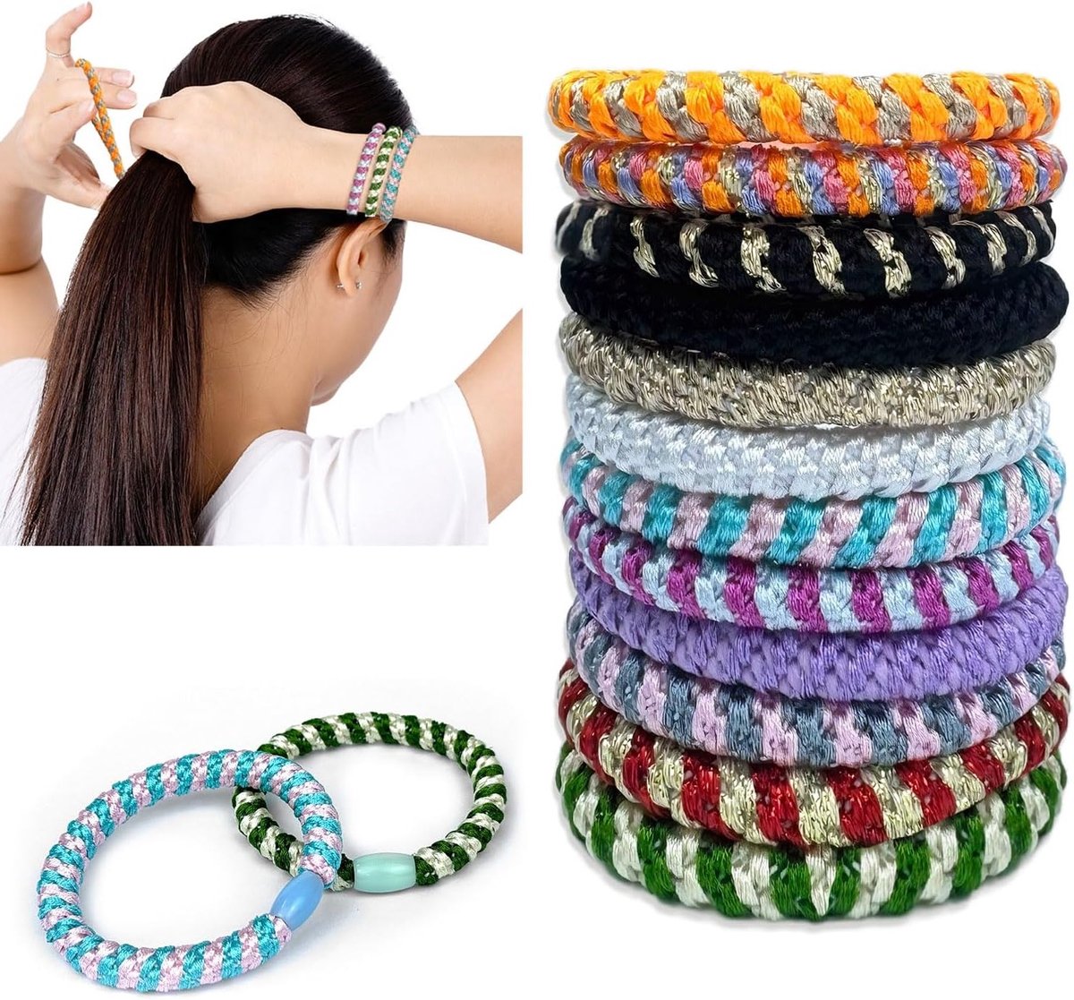 Kleurige Haarstrikken - 12 Stuks Ponytail Houders voor Vrouwen en Meisjes - Beschadigingsvrije Rubber Bands voor Alle Haartypen en als Armbanden te Gebruiken