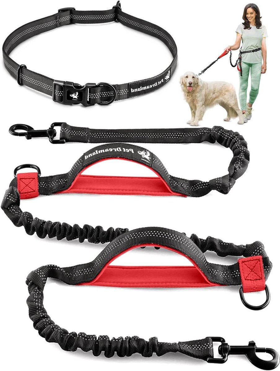 Handsfree Hondenriem - Bungee Riem - Hondentraining - Verstelbare Heupriem - 193 cm - Zwart Rood