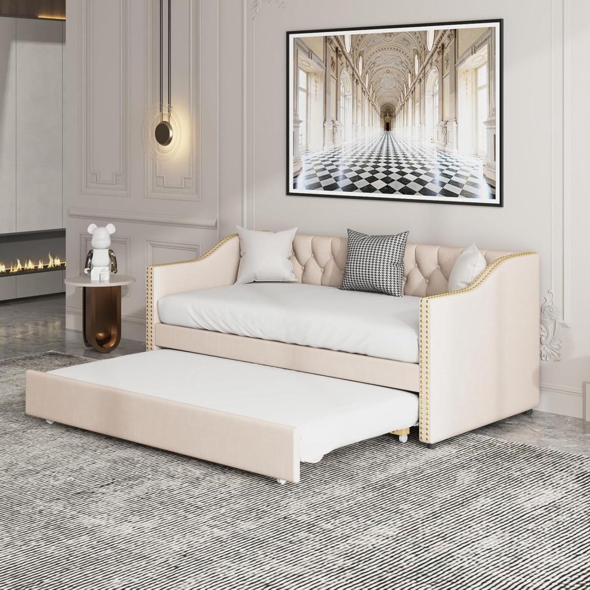Slaapbank Gestoffeerd - Uitklapbed Sofa - Ruimte Besparen - Uittrekbaar Bedframe - 90/180x200 cm - Wit