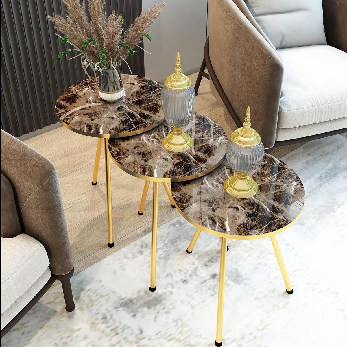 Nesting Tafels - Stapel tafels bijzettafels - Kleine ruimtes inrichten - Set van 3 - 38 cm diameter - Bruin marmer