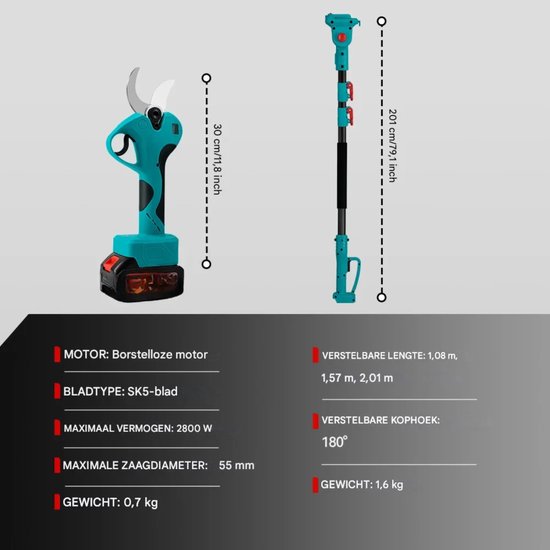 Telescopische paal snoeischaar - Voor tuin en hoge takken - Borstelloze 45 mm 2-in-1 snoeischaar, 2800 W - Zonder batterij — afbeelding 2