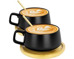 Cappuccino Kop en Schotel - Koffiekop met Lepel - Genieten van Koffie - Brede Stabiele Voet - 320 ml - Zwart