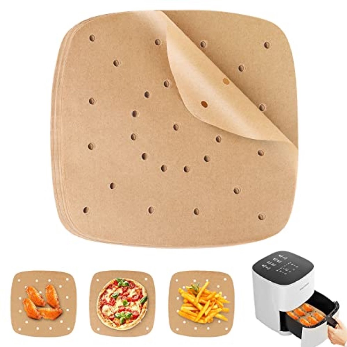 100 stuks Geperforeerd Bakpapier voor Airfryer, Oven en Magnetron - Oliebestendig, Waterdicht, Anti-Aanbaklaag - 8x8 inch (20x20 cm)