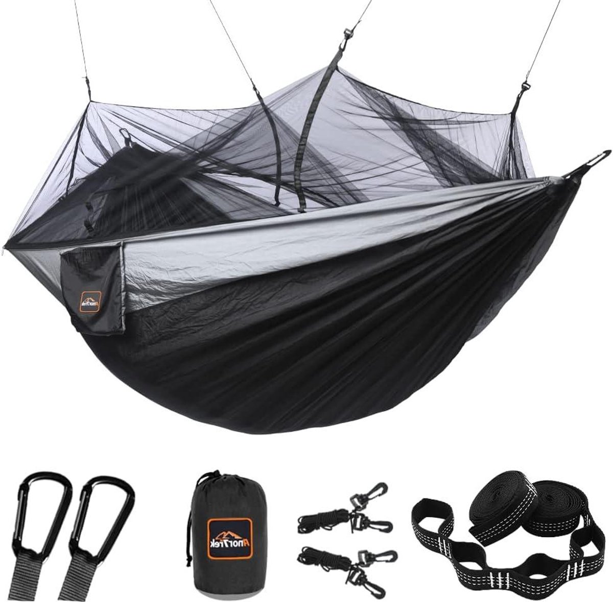 Campinghangmat met klamboe - Dubbele hangmat Parachute hangmat - Outdoor ontspanning - Ingebouwd muggennet - 250 x 130 cm - Zwart/Grijs