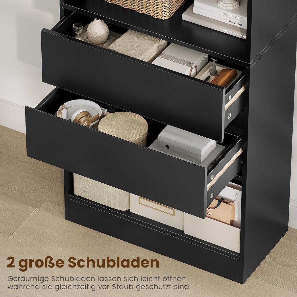 boekenkast -Hoge boekenkast 180 cm smalle multifunctionele open opbergkast met 2 lades en 4 vakken – staande badkamerkast / woonkamerkast / keukenrek – MDF design kast 60x24x180 cm zwart – abtkantoor
