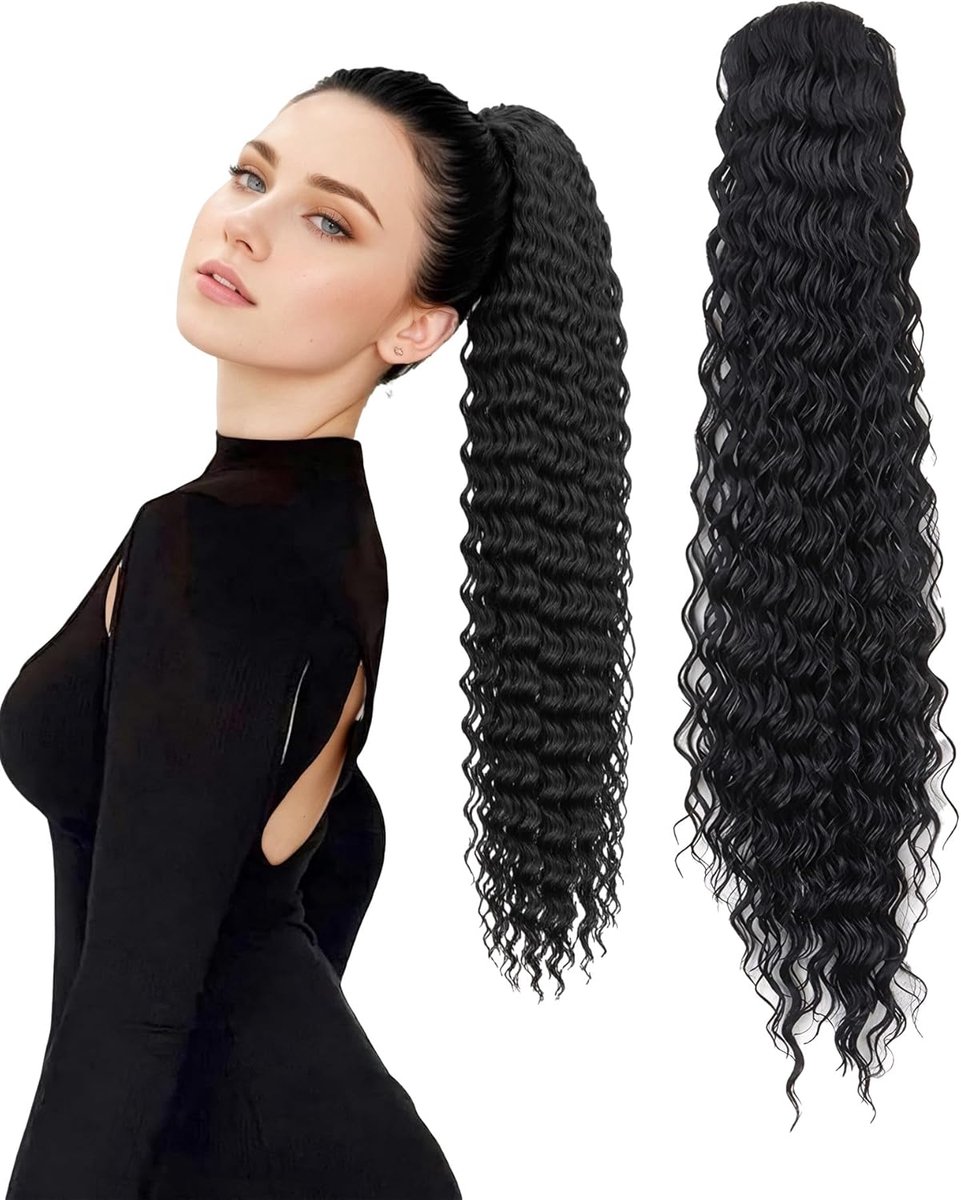 Curly Wavy Frizz Haarextensions met Ponytail - Natuurlijke Synthetische Haarstuk - 24 Inches voor Dagelijks Gebruik - Lange Ponytail Haarstuk - Zwart