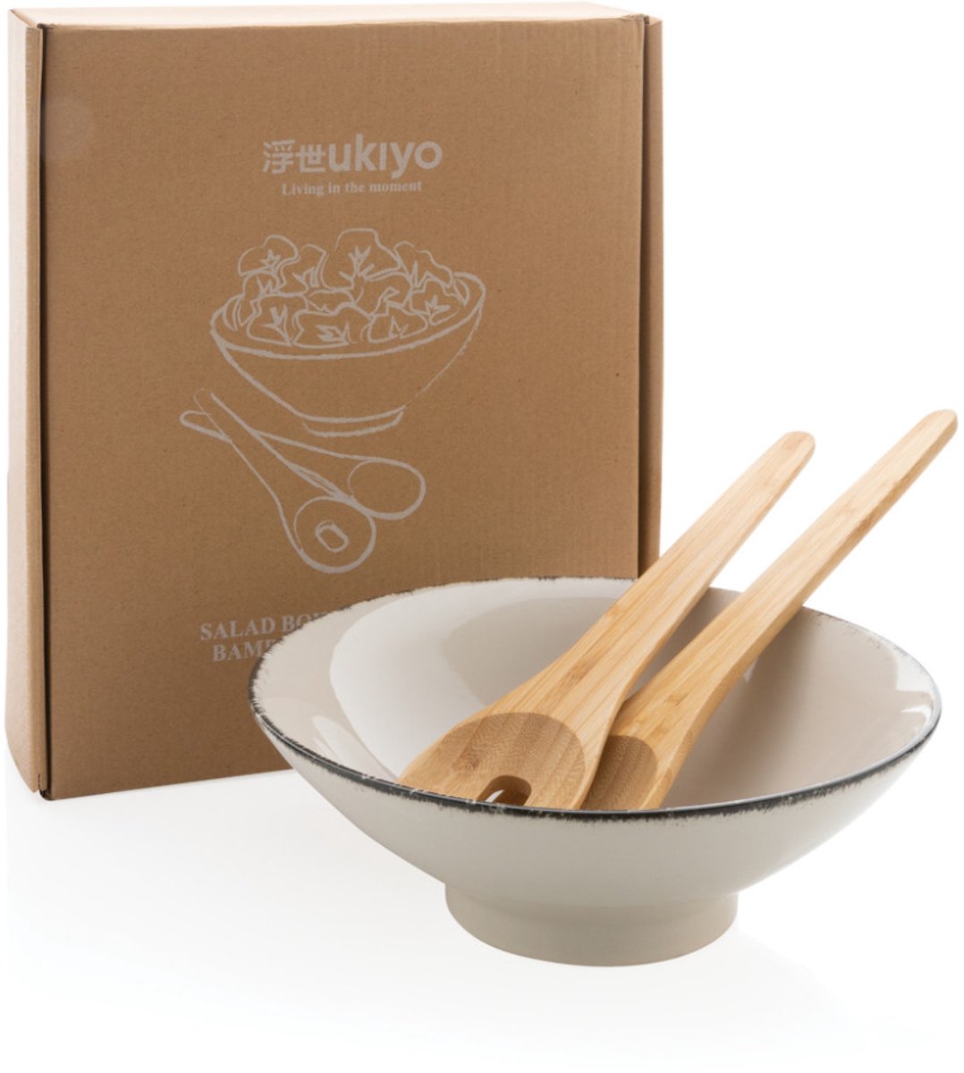 Ukiyo Saladeschaal met Bamboe Bestek – Ø 25,5 cm – Keramiek