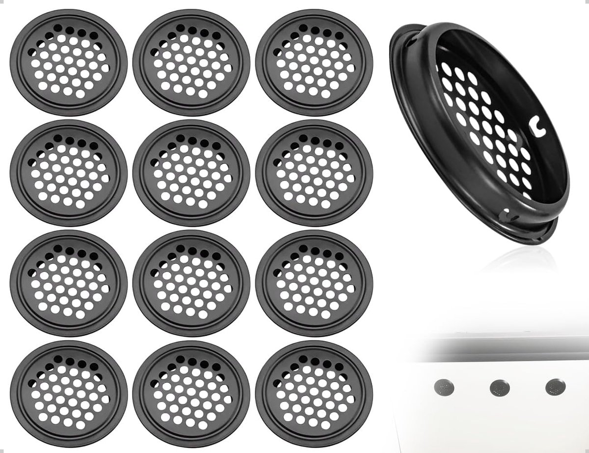 Pack of 12 - Stainless Steel Air Vent Hole - Air Vent voor Cabinets - Kitchen - Bedroom - Office - Wardrobe (53 mm - Rond - Zwart)