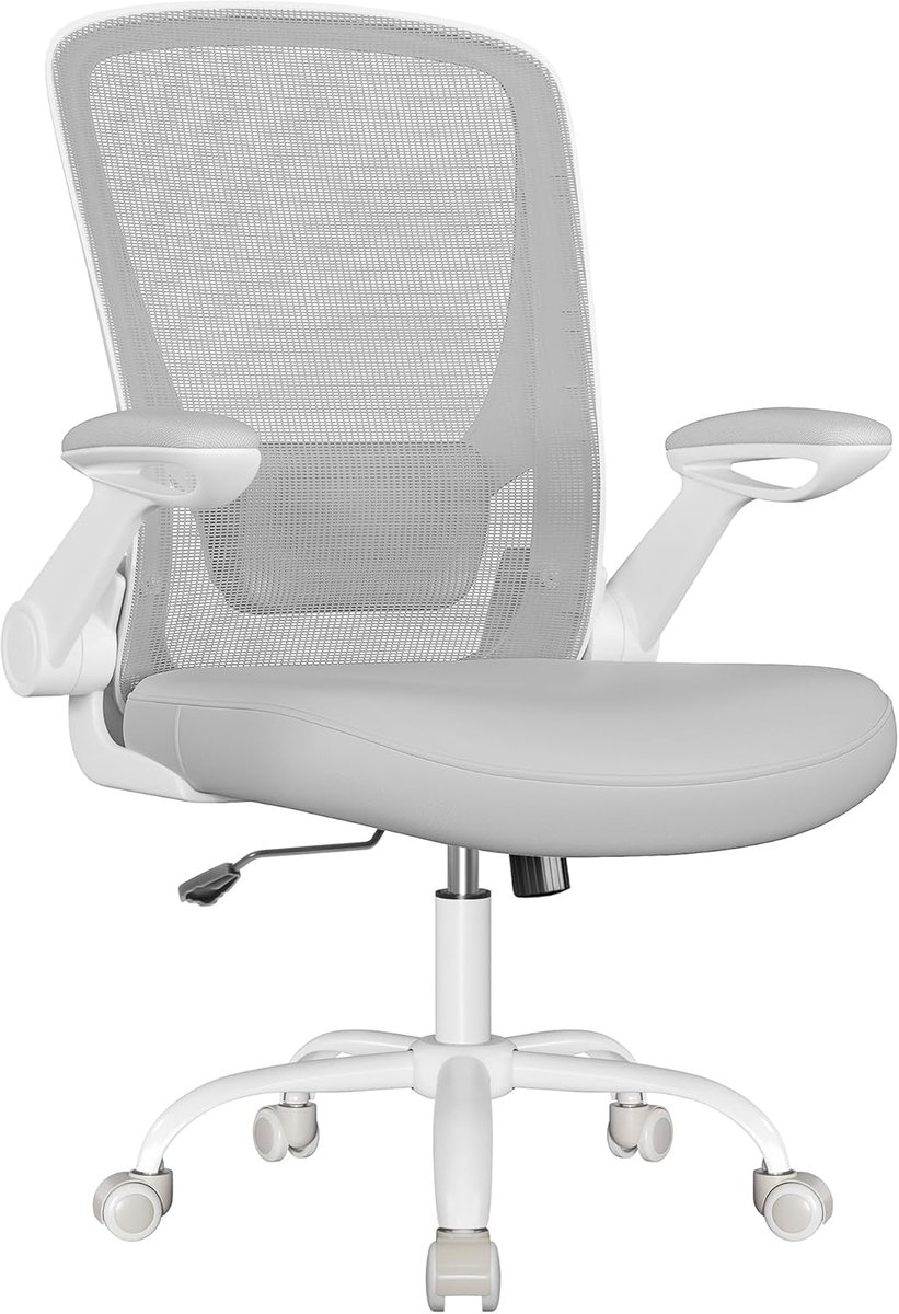 SONGMICS Ergonomische bureaustoel, draaistoel met mesh, lendensteun en hoofdsteun, schommelfunctie, 53 cm zitting, opvouwbare armleuningen, werk- en slaapkamer, duifgrijs OBN037G02