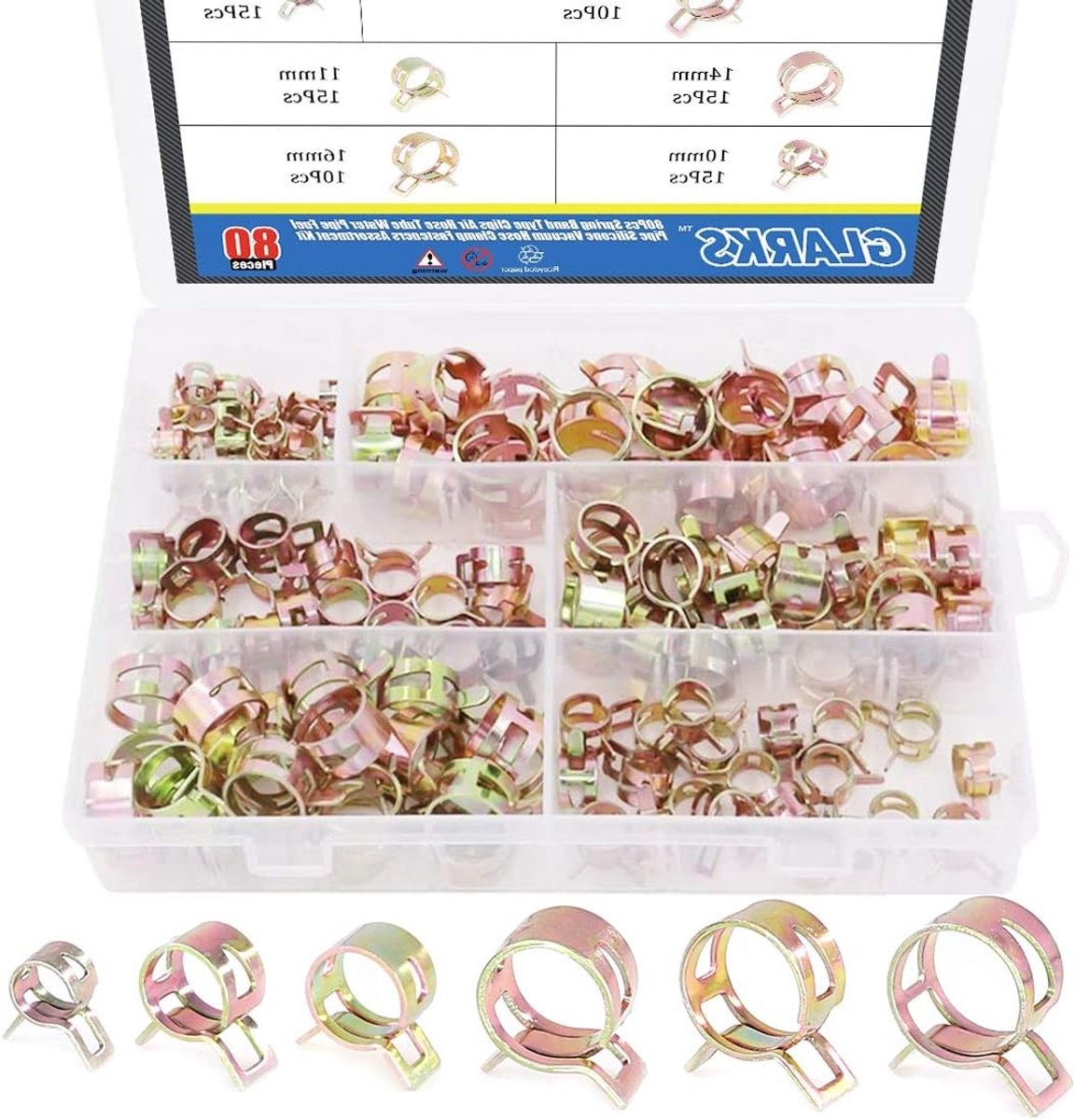 80 Stuks Veer Type Klemmen voor Lucht- en Waterleidingen - Silicone Slang Klemmen Set (7mm 10mm 11mm 14mm 16mm 17mm) voor Brandstof en Vacuüm Slangen