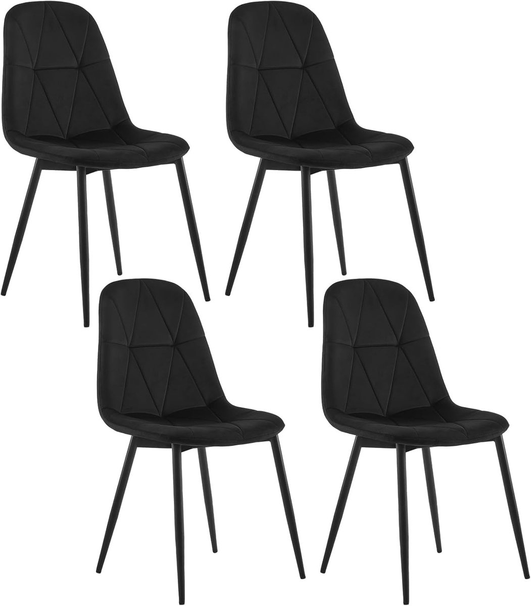 Luxe Fluwelen Eetkamerstoelen Set van 4 met Ergonomische Rugleuning en Metalen Poten – Zwart – 38 x 44 x 82 cm – Comfortabele Gevoerde Keukenstoelen voor Woonkamer en Eetkamer