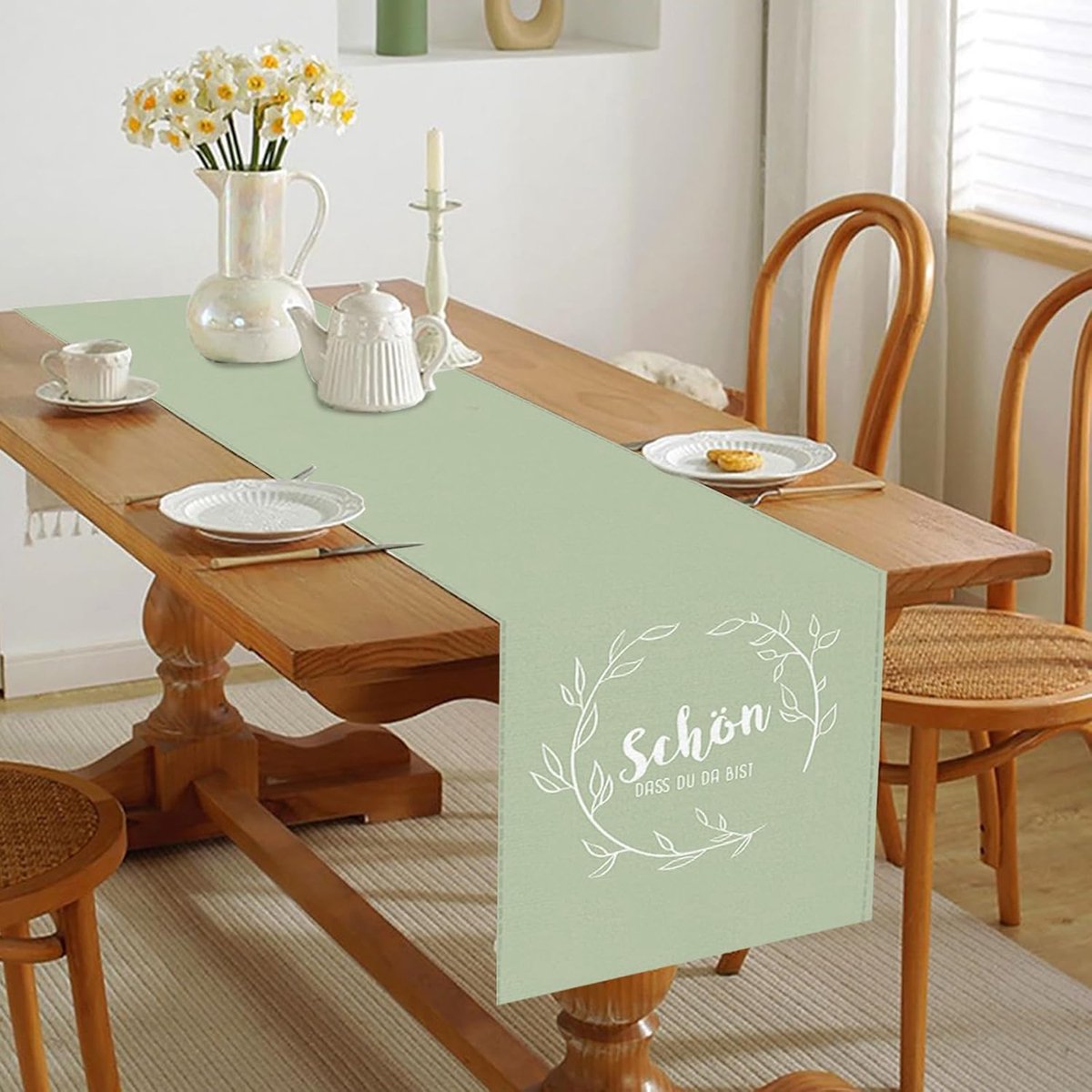 Tafelloper - Tafelkleed modern - Bruiloftsdecoratie - Bloemen patroon - 180 x 35 cm - Saliegroen