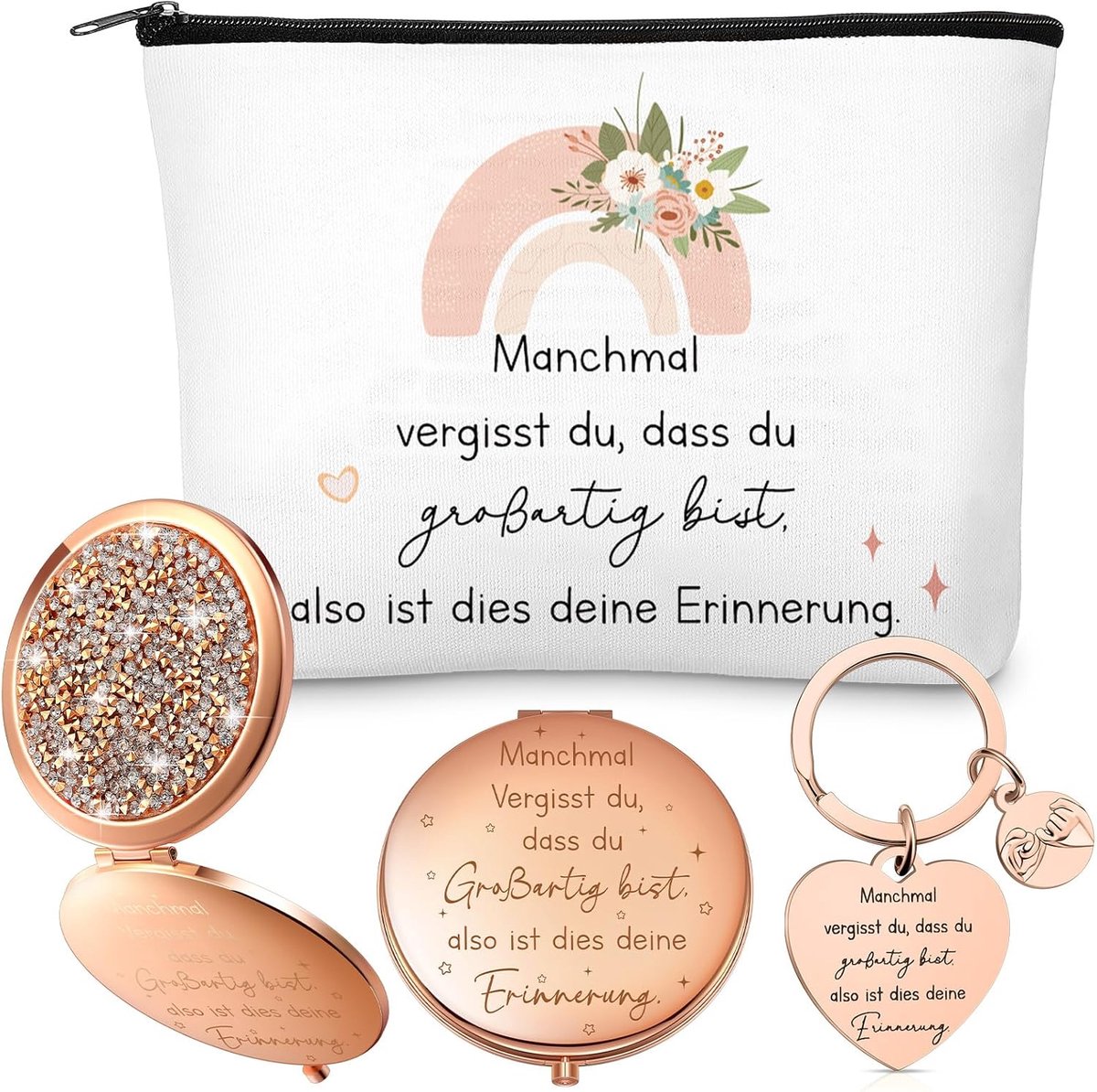 Cadeaus voor collega’s - cosmetische tas - reisspiegel met vergroting - sleutelhanger - afscheidscadeaus - rosegoud - waardering voor medewerkers