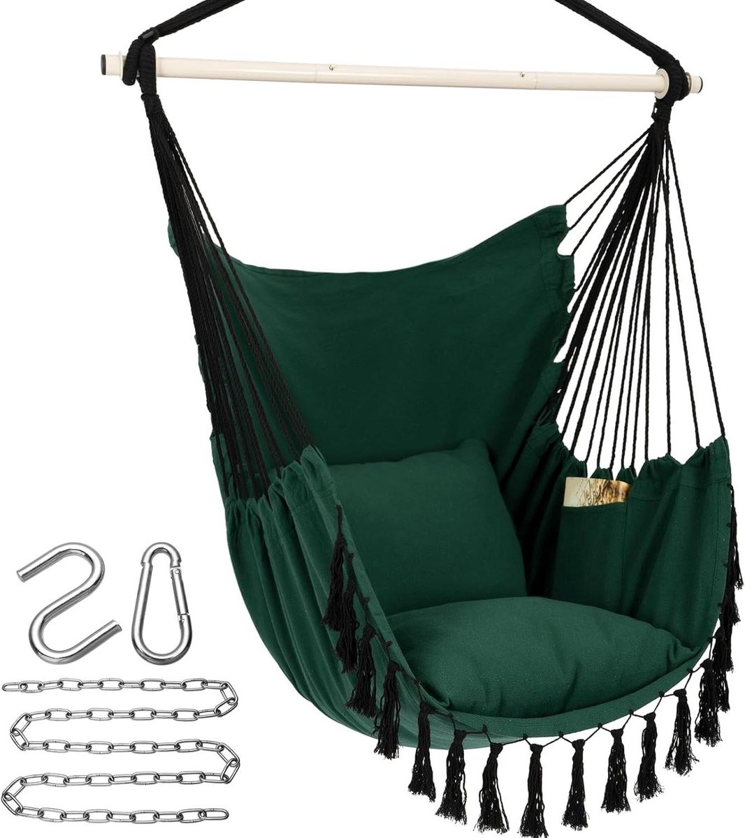 Hangmat Stoel - Hangstoel Macramé - Ontspannen Buiten - Groot Comfort Zak - 300 lbs - Groen