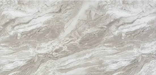 Marmerlook tegel in beige en grijstinten met een natuurlijke, gestreepte patroon.