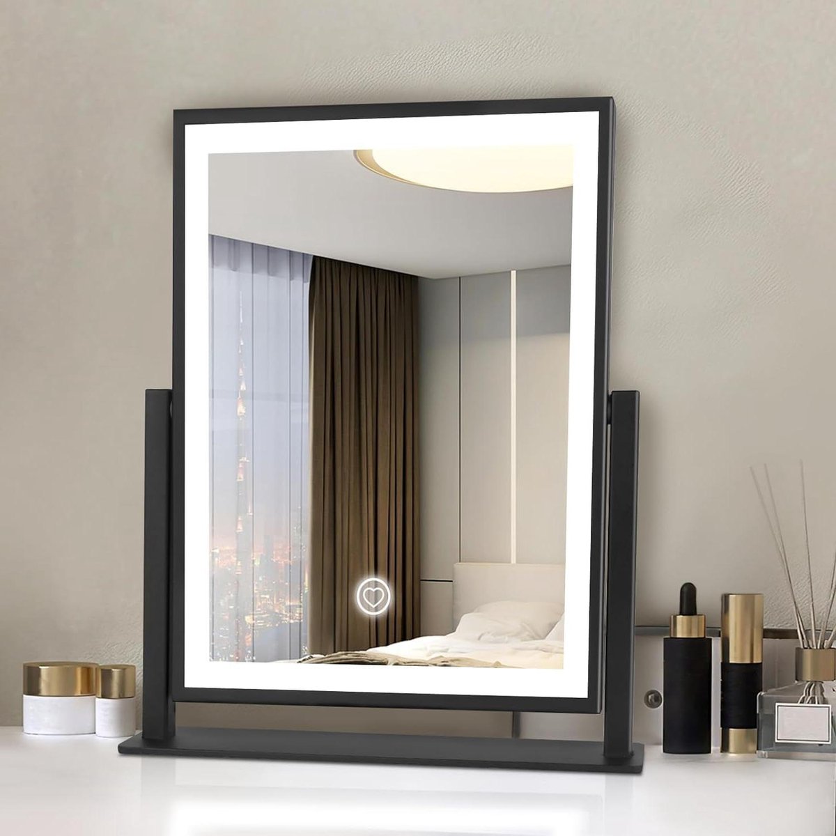 Aankleedspiegel met Verlichting - Make-up Spiegel - Snel Opmaken - Instelbare Touch Bediening - 16 x 14 inch - Zwart