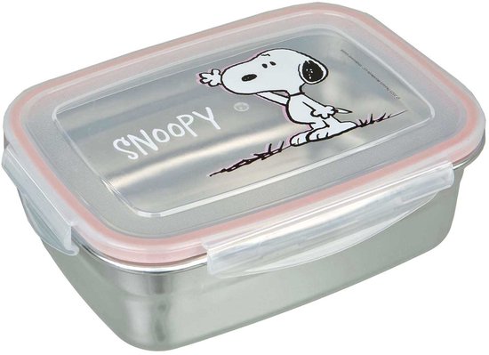 Roestvrijstalen broodtrommel met transparant deksel en roze rand, met de tekst 'Snoopy' en een afbeelding van Snoopy.