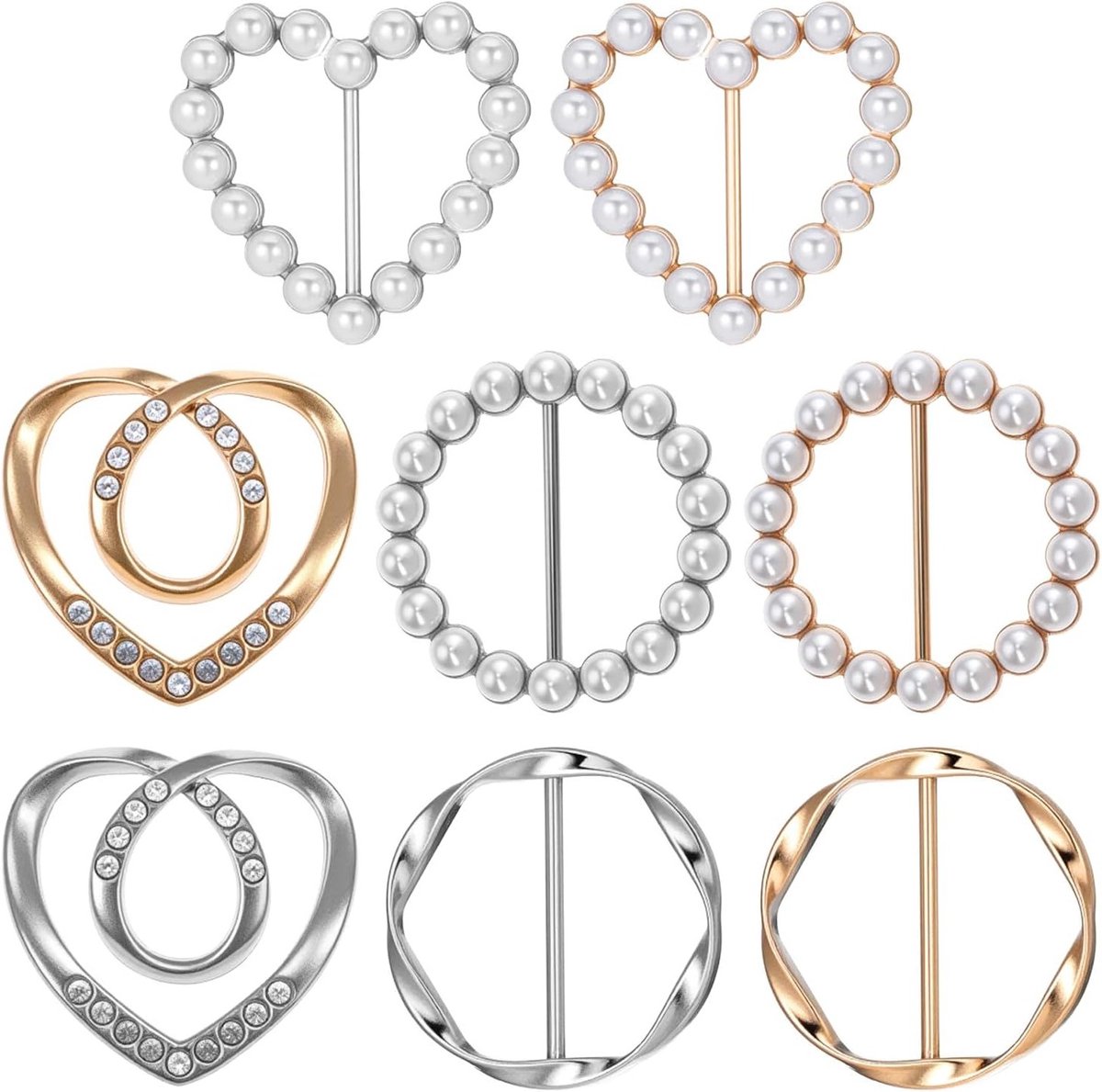 8-delige Sjaalring Clip Set met 4 Stijlen - Mode Metalen Ronde Clips, Strikgespen en Parels voor Dames, Ideaal voor Kleding en Accessoires
