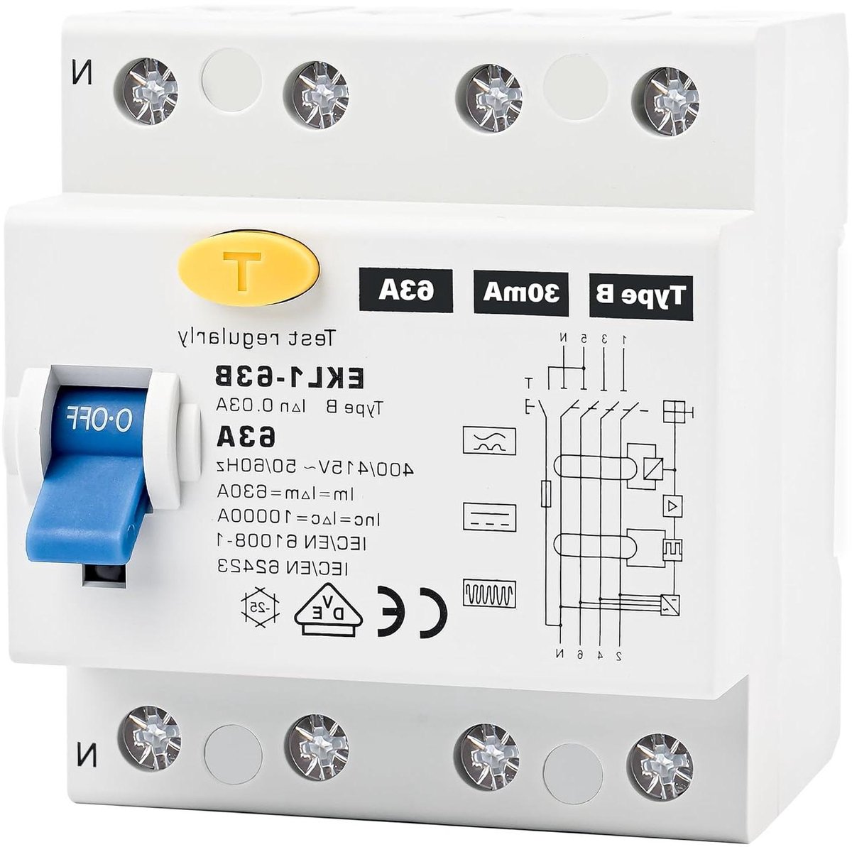 Aardlekschakelaar - FI Schakelaar RCD - Elektrische Veiligheid - Type B DC Gevoelig - 4-polig 63A - Wit