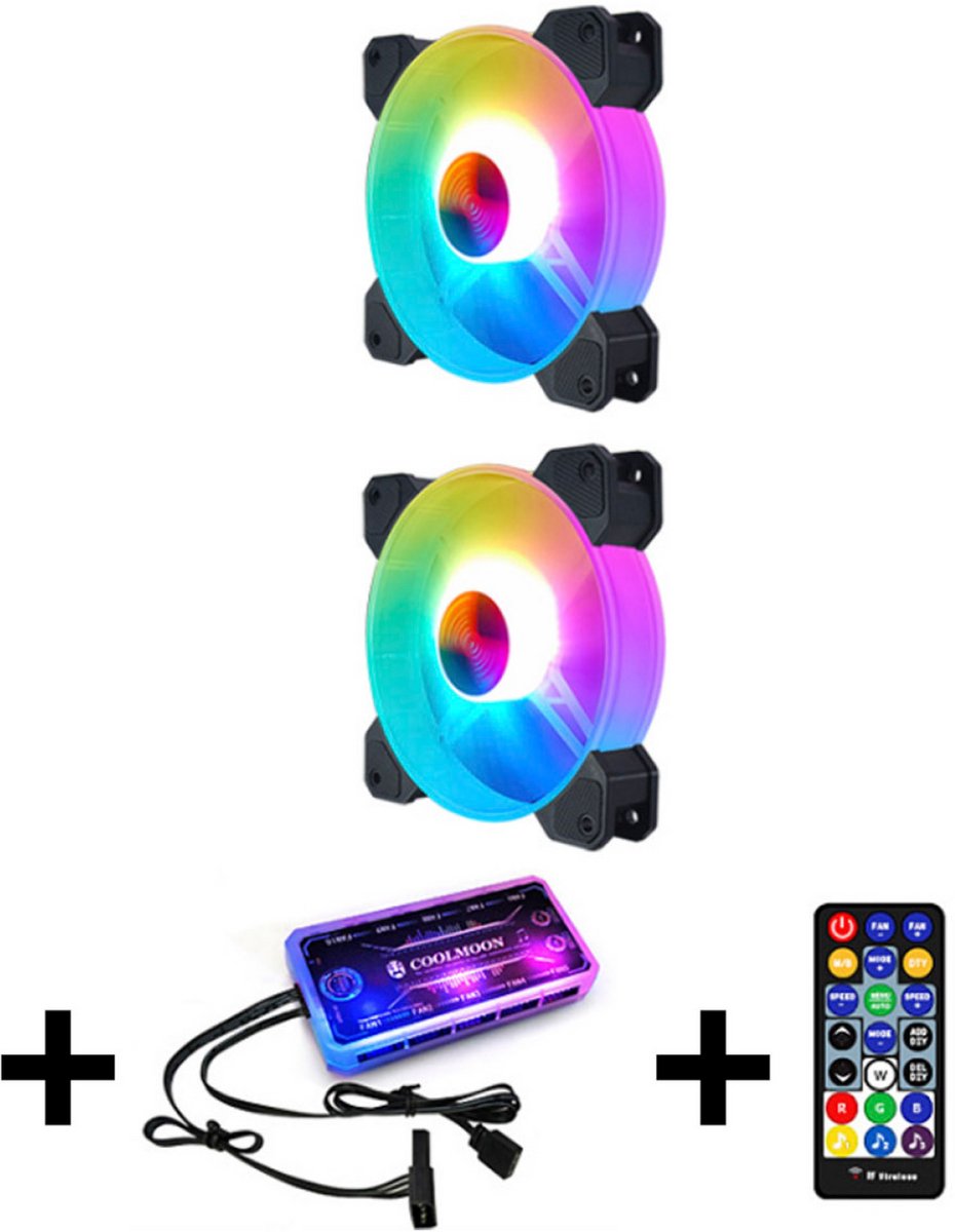 CoolMoon RGB Case Fans 2x – PC Coolers met Controller & Afstandsbediening – 120mm Stil