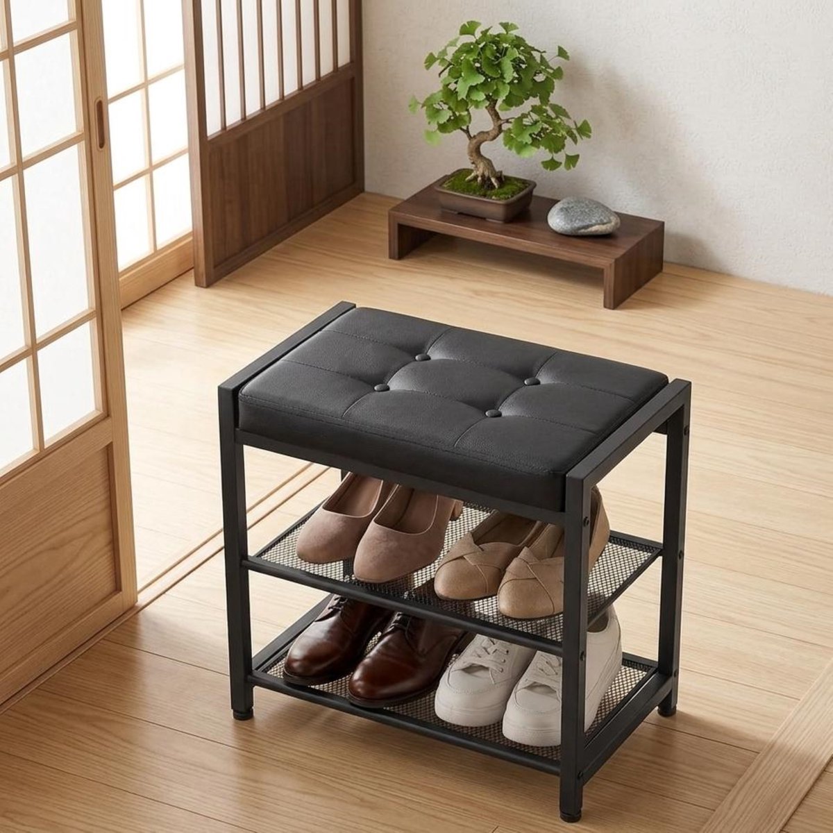 Schoenenbank met Zitvlak en Schoenenrek - 44x29x42 cm - Zwart - 2 Lagen – Meuble Paris - Medahomestore